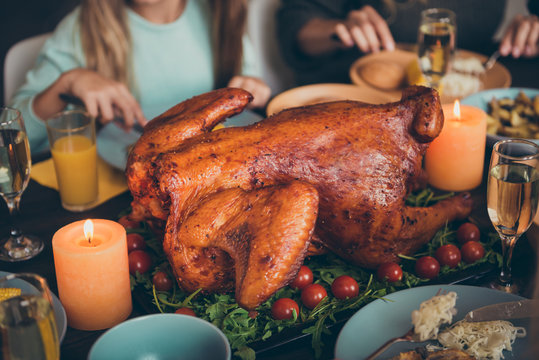 Cropped photo of tasty roasted turkey big familly with men small kids mature parents grandparents eat on thanksgiving day using forks knifes enjoy november holiday event in house