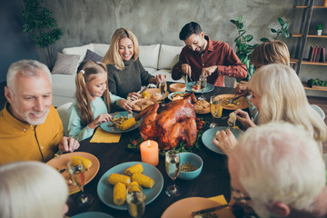 Top above high angle photo of large happy family mature friends small little children gather sit table celebrate thanksgiving day november event eat poultry meal corn harvest drink wine in house