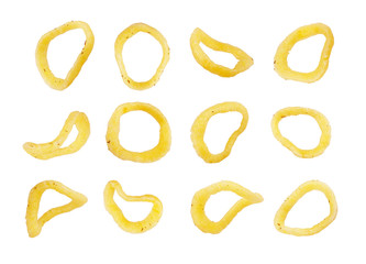 Set of onion corn rings snacks on white background