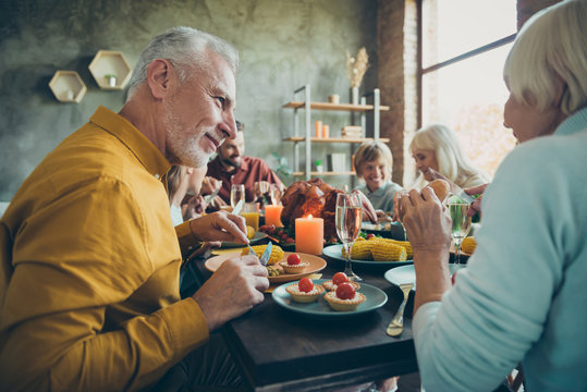 Big Family Gathering Happy Thanksgiving Celebration Sit Table Enjoy November Feast Dinner With Roasted Poultry Meat Corns Wine Small Little Kids Communicate Pensioner In House