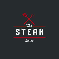 Steak house set logo with grill, steak, knife, meat, wine and beer. A restaurant. Steak cafe. Vector illustration.