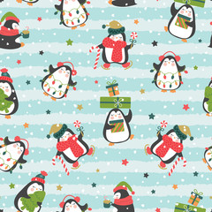 Christmas seamless pattern with cute penguins on line stripe background with colorful stars. Design for surface, textile, fabric, wallpaper, wrapping, giftwrap, paper, scrapbook and packaging.