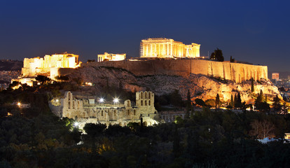 Acropolis - Parthenon of Athens at dusk time, Greece