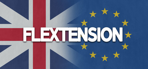 Political relationships. British flag European Flag with text: Flextension. Crisis concept. Agreement. Brexit.