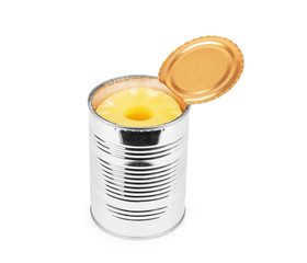 Pineapple rings in a tin can on a white background