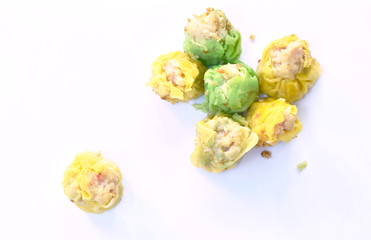 steamed Chinese dumpling filling minced pork or dim sum on white background