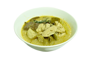 boiled chicken with eggplant in green curry on bowl