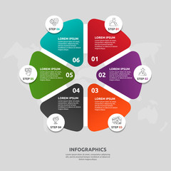 Vector flat template circle and sector infographics. Business concept with 6 sectors. Six steps for content, flowchart, timeline, levels, marketing, presentation, graph, diagrams, slideshow