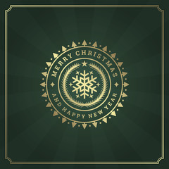 Christmas and happy new year text greeting card vintage typographic design, ornate decoration with snowflake symbol