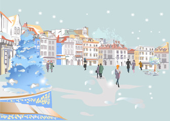 Hand drawn colorful vector Illustration of the romantic street with snowy buildings in winter. Christmas greeting card. 