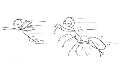 Vector cartoon stick figure drawing conceptual illustration of spider chasing fly and business metaphor of competition and power.