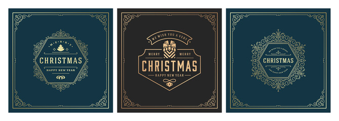 Christmas square banners vintage typographic design, ornate decorations symbols vector illustration