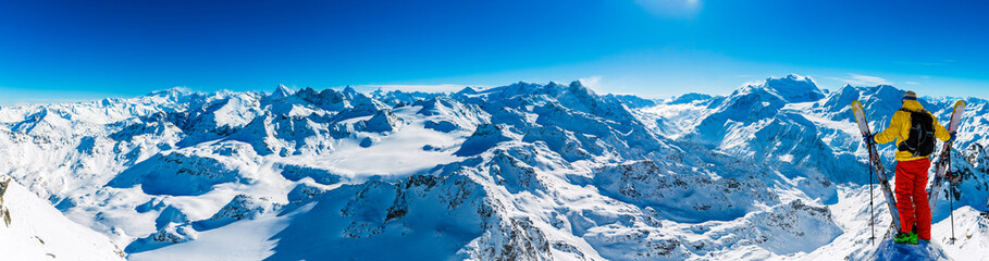 Plakat Winter panorama landscape from Mont Fort and famous Matterhorn, Dent d'Herens, Dents de Bouquetins, Weisshorn; Tete Blanche in the background, Verbier, 4 Valleys,