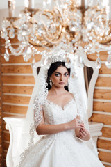  Luxury bride in white dress posing while preparing for the wedding ceremony. Beautiful bride with makeup and hair style with crown.  Bridal getting ready. Beautiful bride preparation morning.