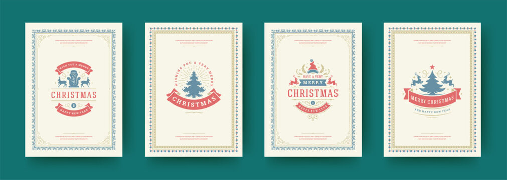 Christmas cards set vintage typographic design ornate decorations symbols with winter holidays wish vector illustration
