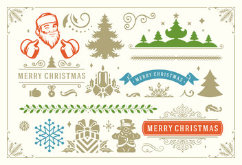 Christmas vector decoration symbols, ornate vignettes and icons for labels, badges and greeting card vector illustration