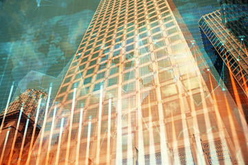 Plakat Forex chart on cityscape with tall buildings background multi exposure. Financial research concept.