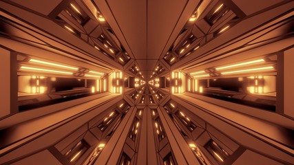 futuristic scifi fantasy space hangar tunnel corridor with glowing lights 3d illustration wallpaper background