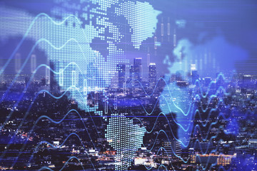 Financial graph on night city scape with tall buildings background double exposure. Analysis concept.