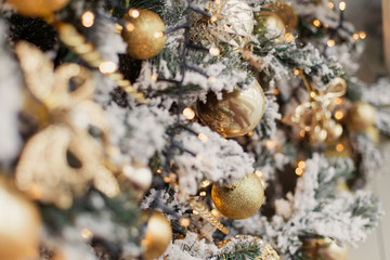 texture christmas snow tree with garland and decorations gold colored balls icicles decor  artificial tree, snow