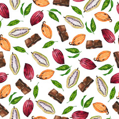 Seamless pattern with cacao beans, chocolate pieces and green leaves on white background. Hand drawn watercolor illustration.