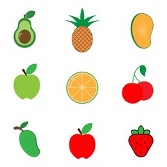 Set of colorful cartoon fruit icons: apple, avocado, orange, strawberry, mango, cherry, pineapple.