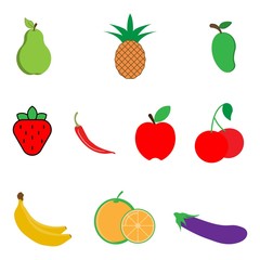 Cute bright colors of fruits vector collections. Set of fruits are pumpkin, apple, mango, banana, orange, grapes, cherries, strawberry, eggplant