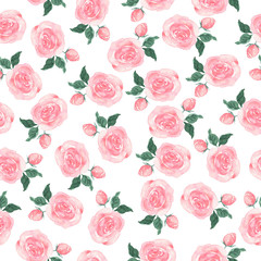 Seamless pattern with doodle pink roses and green leaves on white background. Hand drawn watercolor illustration.