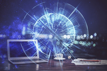 Multi exposure of business theme icons and table with computer background. Concept of success.