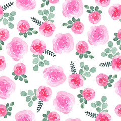 Seamless pattern with decorative cute pink rose flowers and green leaves on white background. Hand drawn watercolor illustration.