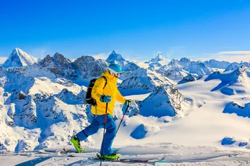 Papier Peint photo Mont Blanc Skiing with amazing view of swiss famous mountains in beautiful winter snow  Mt Fort. 