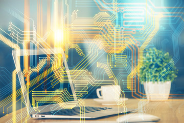 Multi exposure of table with computer and world map hologram. International data network concept.
