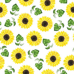 Seamless pattern with yellow sunflowers and green leaves on white background. Hand drawn watercolor illustration.
