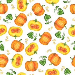 Seamless pattern with orange pumpkins and squashes and green leaves on white background. Hand drawn watercolor illustration.