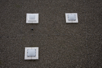 Aerial top view of industrial technical system machines on the rooftop in Germany, Pirmasens,, 2019