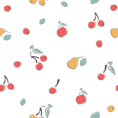 Cute Hand Drawn Pattern with berries of cherry. apple and pear. Great for wedding cards, postcards, t-shirts, bridal invitations, brochures, posters, gift wrapping, wall art, etc.