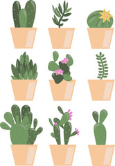 Houseplant in pots. a set of cactus. Green natural decor for home and interior. Vector illustration