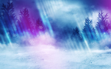 Winter forest background. Snow, fog, moonlight. Winter landscape
