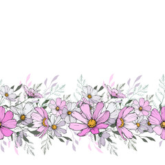 Floral horizontal border with light pink and white cosmos flower and green leaves.Isolated on white.Copy space.Design for your wedding, birthday, saving the date card, greeting card decoration.Vector.