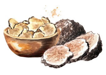 Black truffle mushrooms and dry slices in the bowl, Watercolor hand drawn illustration, isolated on white background