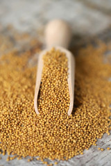 Grains of mustard. Mustard Seeds Vegan concept. Healthy diet. Selective focus. Macro.