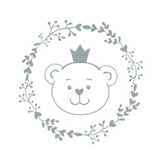 Cute little bear in the crown. Vector illustration. Design for baby cards, invitation, print on clothes.
