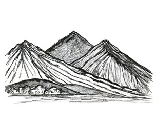 Black-white graphic drawing of charcoal pencil. Mountain landscape, hills and rocks, wild European nature for tourism design, travel, postcard.