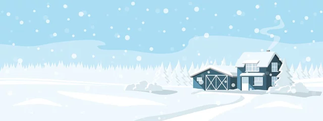 Fototapeten Haus in einem verschneiten Wald. Winter Wunderland. Vektor-Banner-Vorlage © scharfsinn86