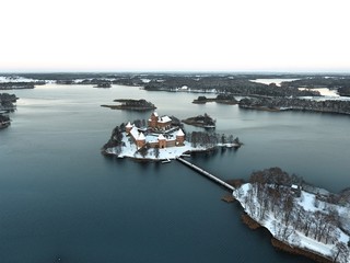 Trakai castle. Drone footage. Winter. Lithuania.