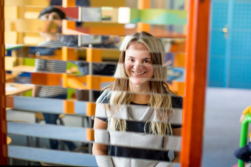 Funny double half portrait of two adults women looking at yourself in a half mirror
