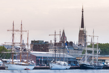 Armada 2019, tall ships Marité and Le Français docked in Rouen, Seine River, Normandy, France