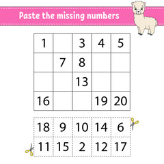 Paste the missing numbers. Game for children. Handwriting practice. Learning numbers for kids. Education developing worksheet. Activity page. Isolated vector illustration in cute cartoon style