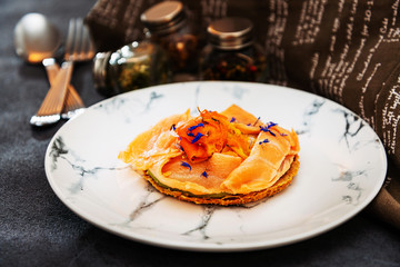 Asparagus salmon tartlets chiffonade, pickled vegetables, creamy creamy