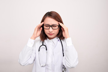 medical doctor woman with stethoscope problem, hold hand head on white background